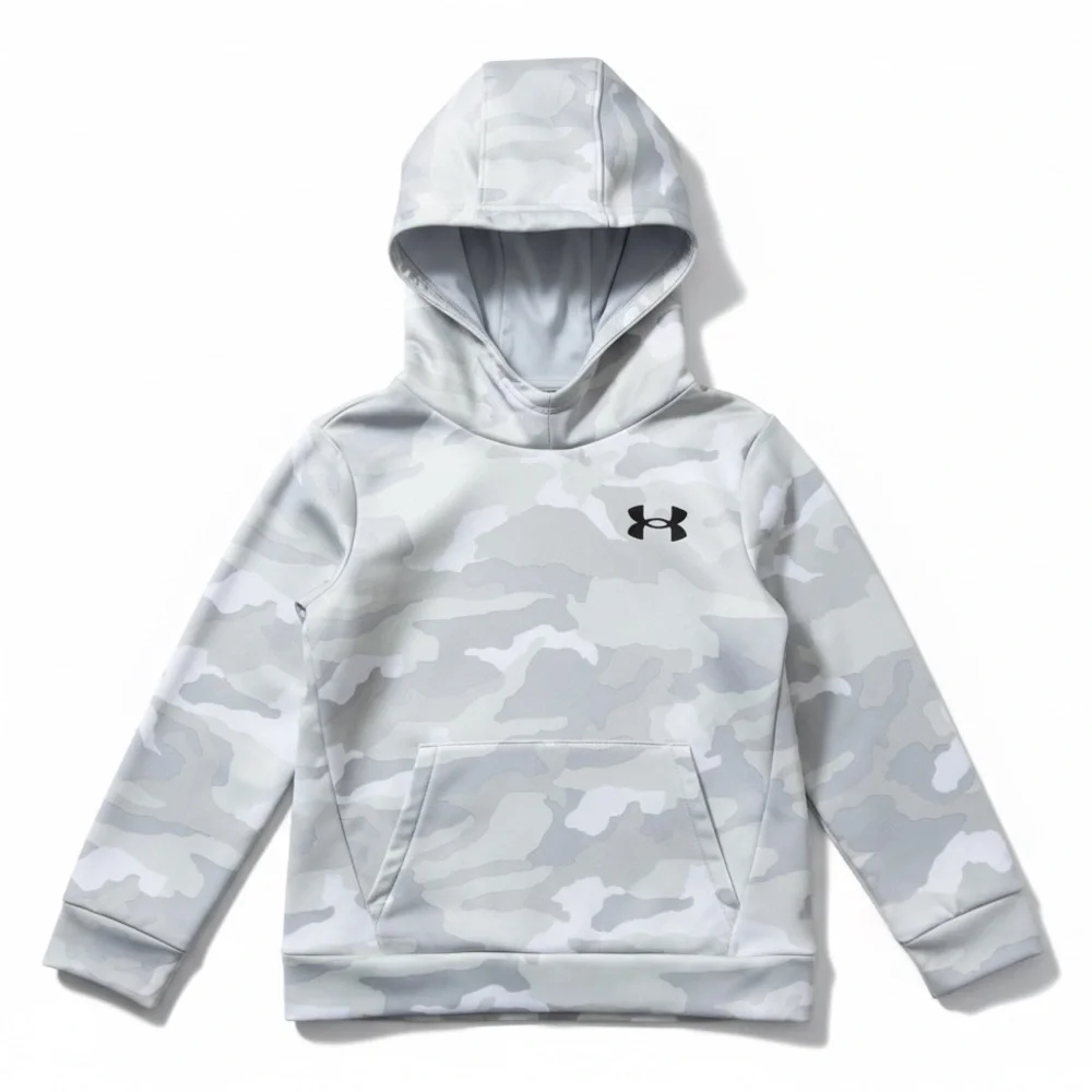 Under Armour Hoodie Fleece Lined Pullover Gray Camo YXS Loose Fit